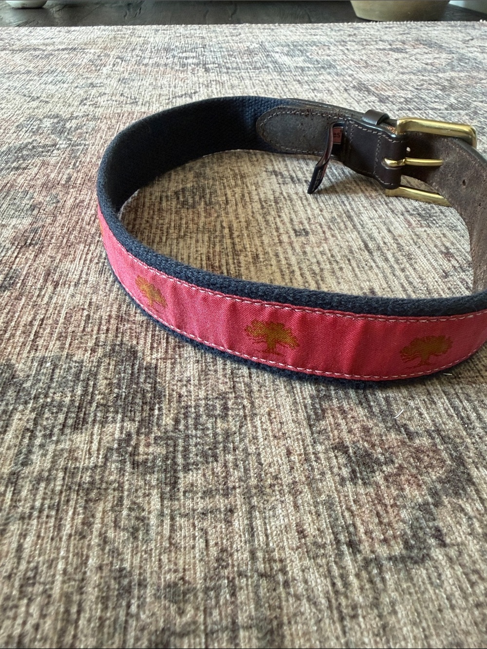 Vineyard Vines Pink Canvas Kids Belt with Brown Leather and Gold Buckle
